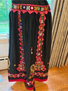 Black Boho Maxi Skirt with Bright Embroidered Trim